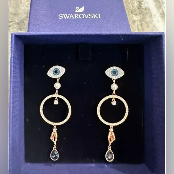 Stunning Authentic Swarovski Crystal Evil Eye Symbolic Hoop Rose Gold Earrings - Picture 4 of 5